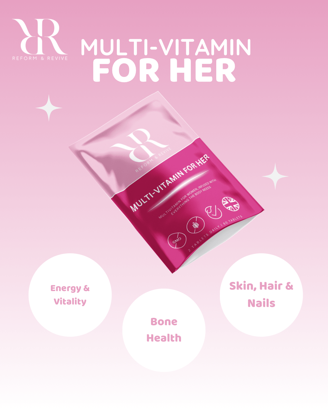 Reform and Revive Women’s Daily Multi+ vitamins bottle with colorful label for complete wellness support.