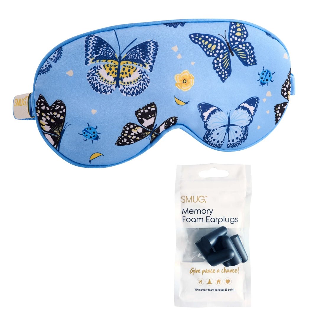 SMUG satin sleep mask with butterfly print, soft and smooth fabric for comfortable sleep and relaxation.