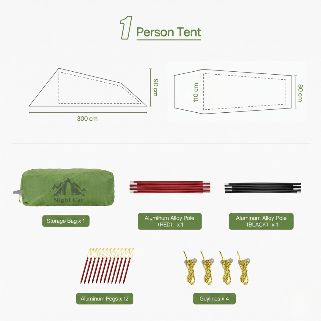 HikeWare Night Cat 1-person ultralight tunnel tent, waterproof and compact, ideal for solo camping with a man-sized interior.