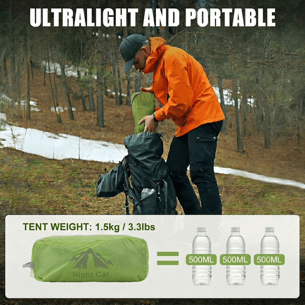 HikeWare Night Cat 1 person ultralight tunnel tent set up outdoors, showcasing its waterproof fabric and compact design.