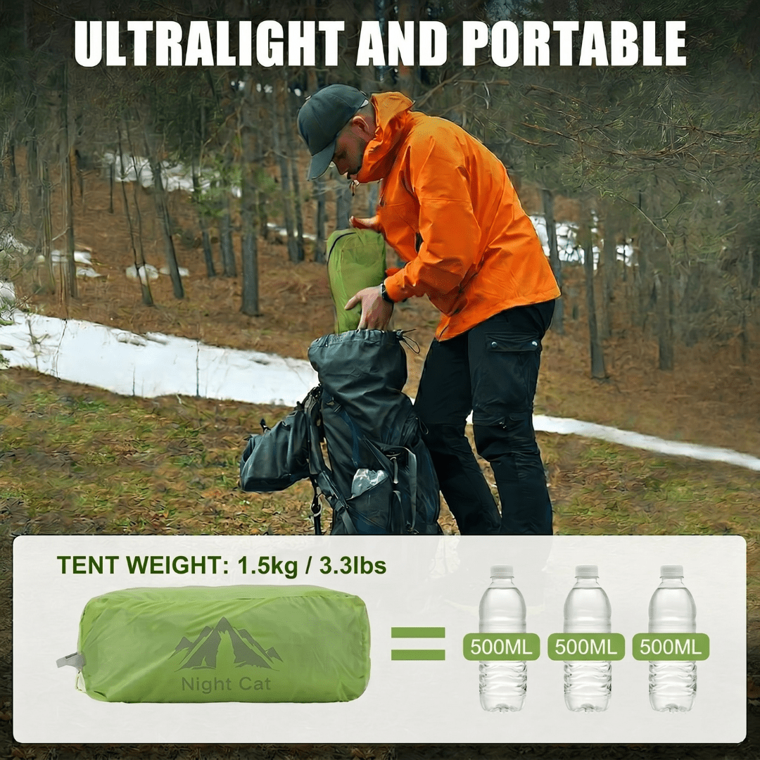 HikeWare Night Cat 1 person ultralight tunnel tent set up outdoors, showcasing its waterproof fabric and compact design.