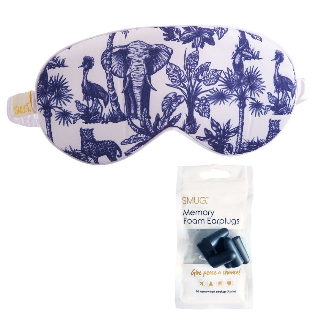 SMUG satin sleep mask with elephant print, soft and smooth fabric for comfortable sleep, featuring playful elephant design.