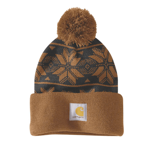 Carhartt women's knit pom pom jacquard beanie with colorful pattern and pom pom detail, made for stylish, warm headwear.