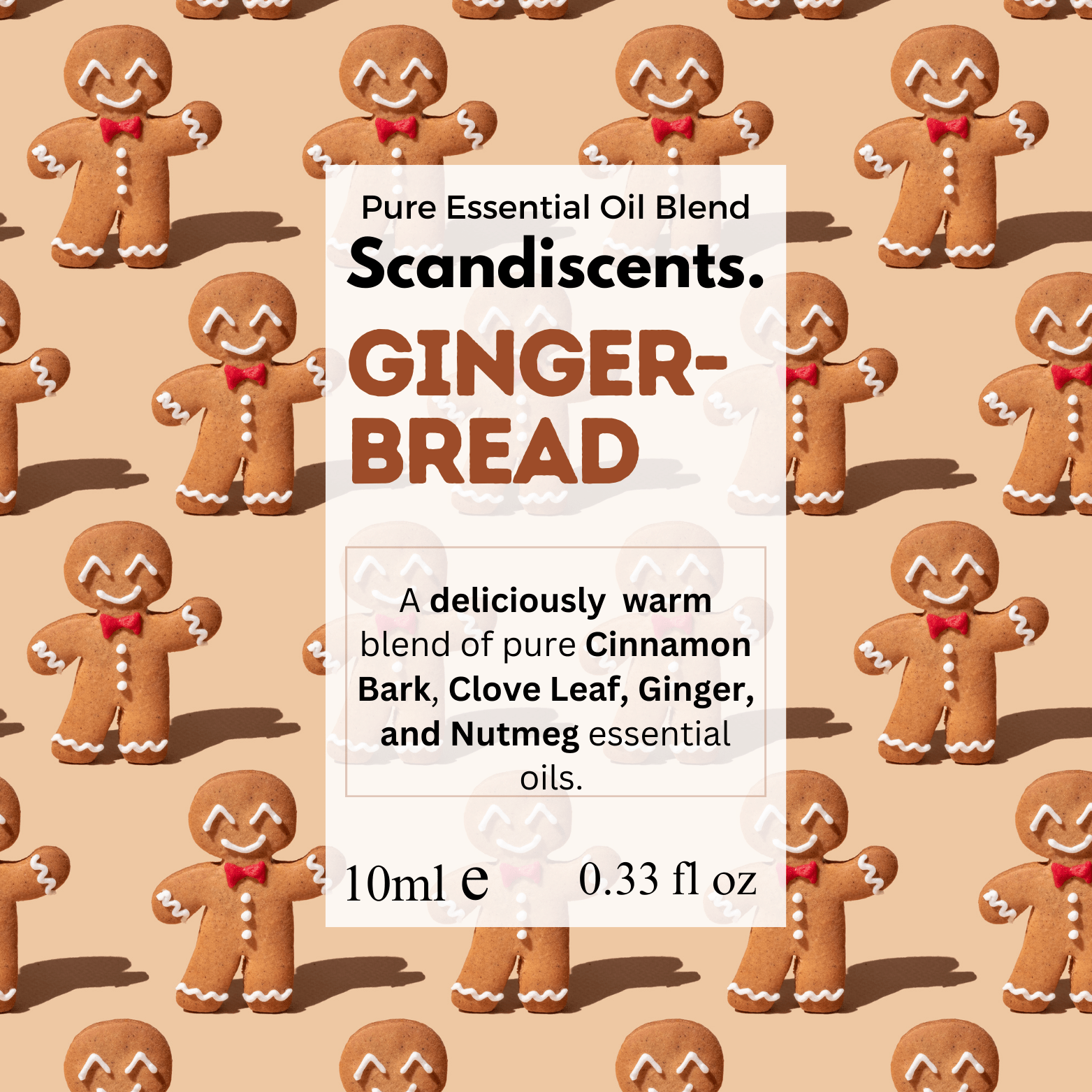 Scandiscents gingerbread essential oil blend bottle with label showing warm, spicy aroma for aromatherapy and wellness.