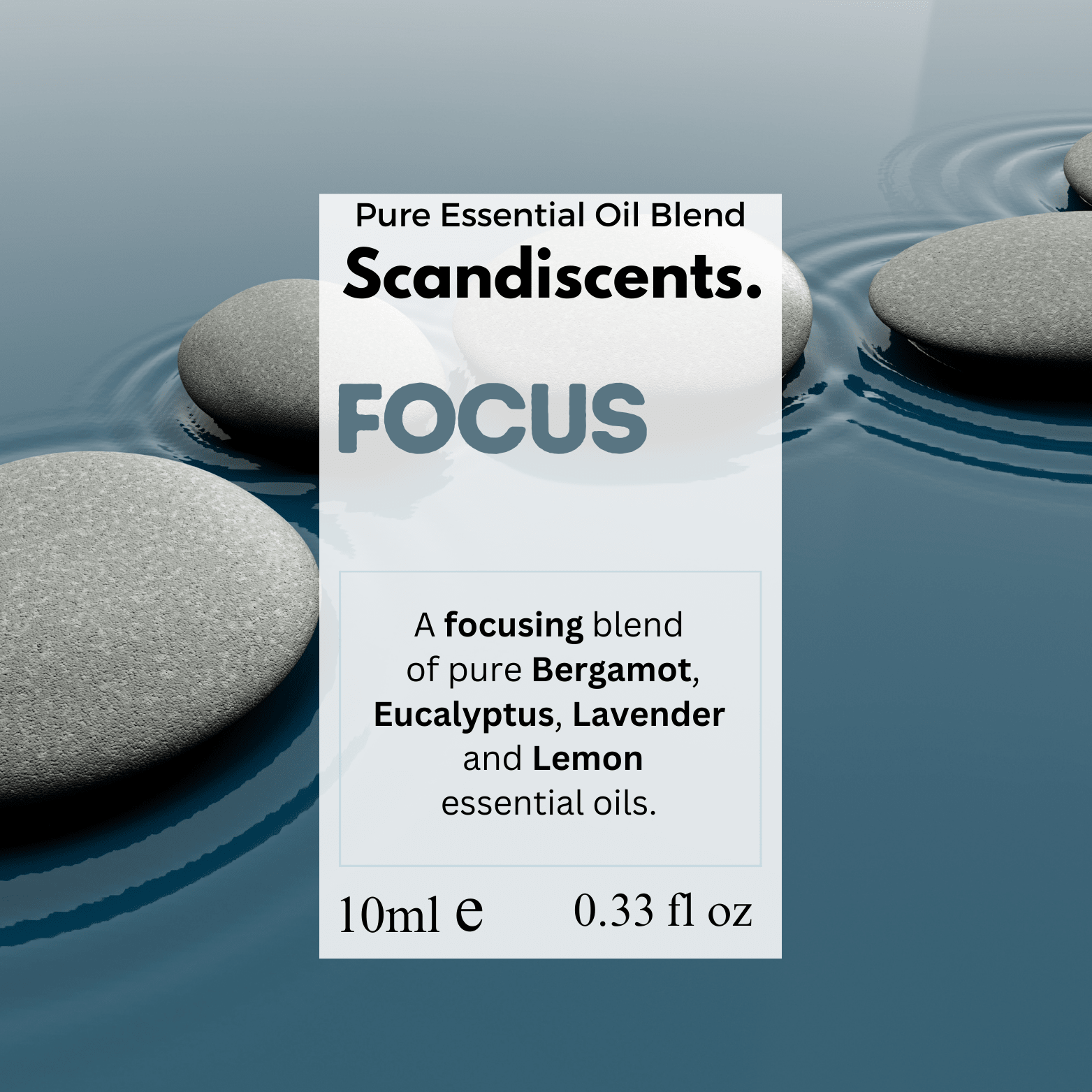 Scandiscents Focus essential oil blend in a dark amber glass bottle with a white label and dropper cap, on a white background.