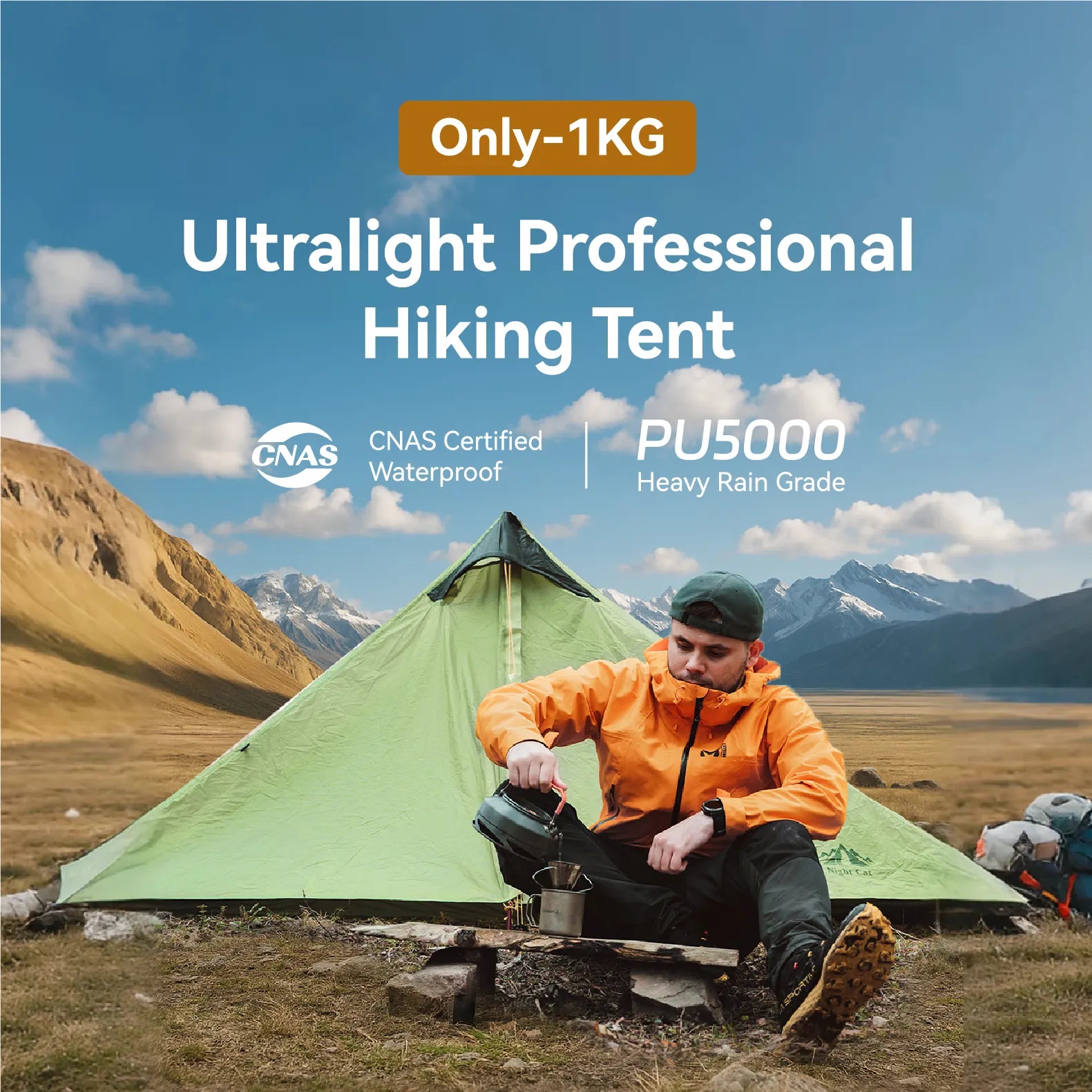 HikeWare Night Cat 1 Person Ultra Lightweight Backpacking Tent set up outdoors, waterproof and compact for solo camping adventures.