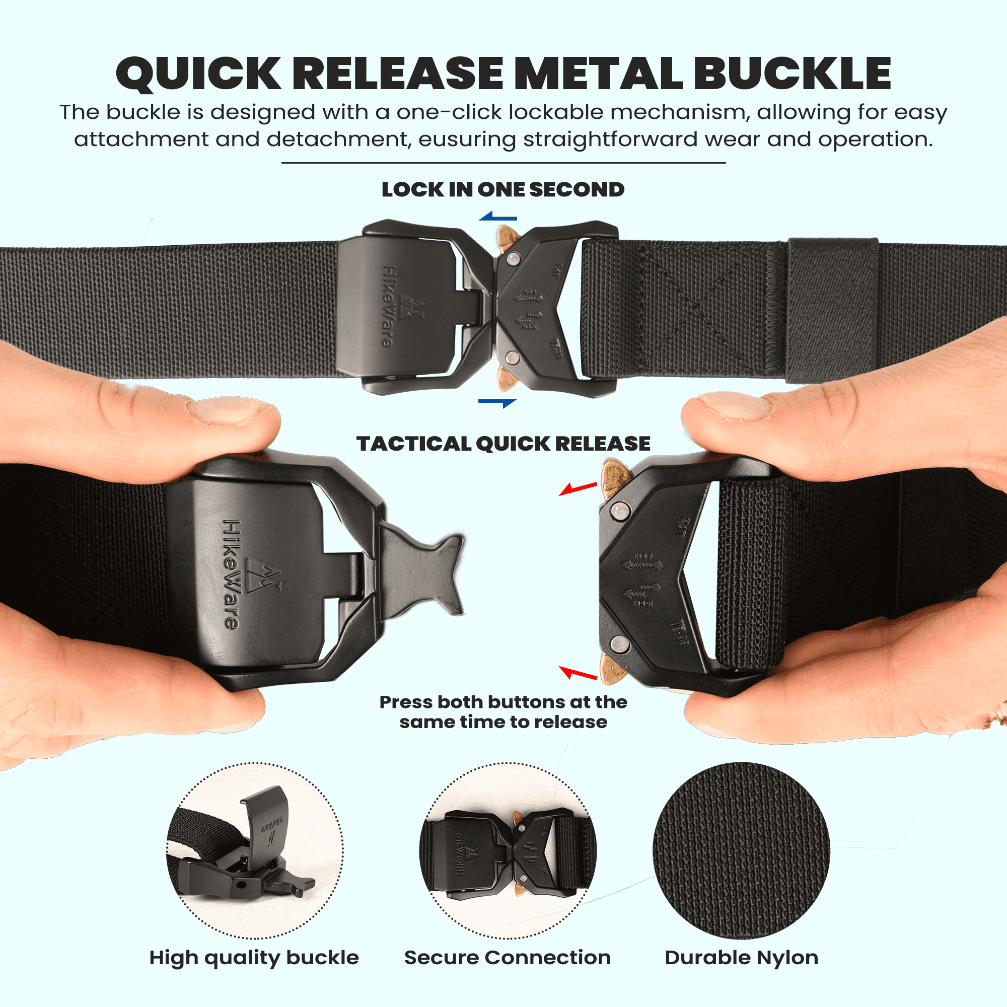 HikeWare Tactical Nylon Hiking Belt showing durable black strap with metal buckle, ideal for outdoor adventures and hiking.