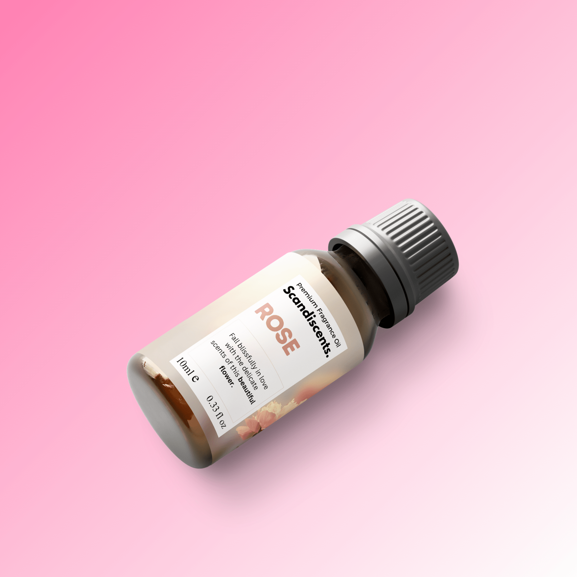 Scandiscents rose fragrance oil bottle with a clear glass container and label, showcasing a floral scent.