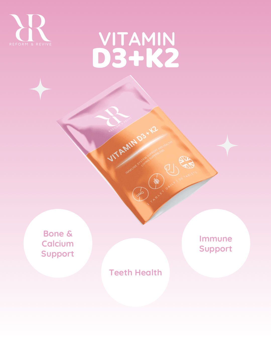 Reform and Revive Vitamin D3 + K2 4000 IU bottle with capsules, dietary vitamins supplement for bone health and immune support