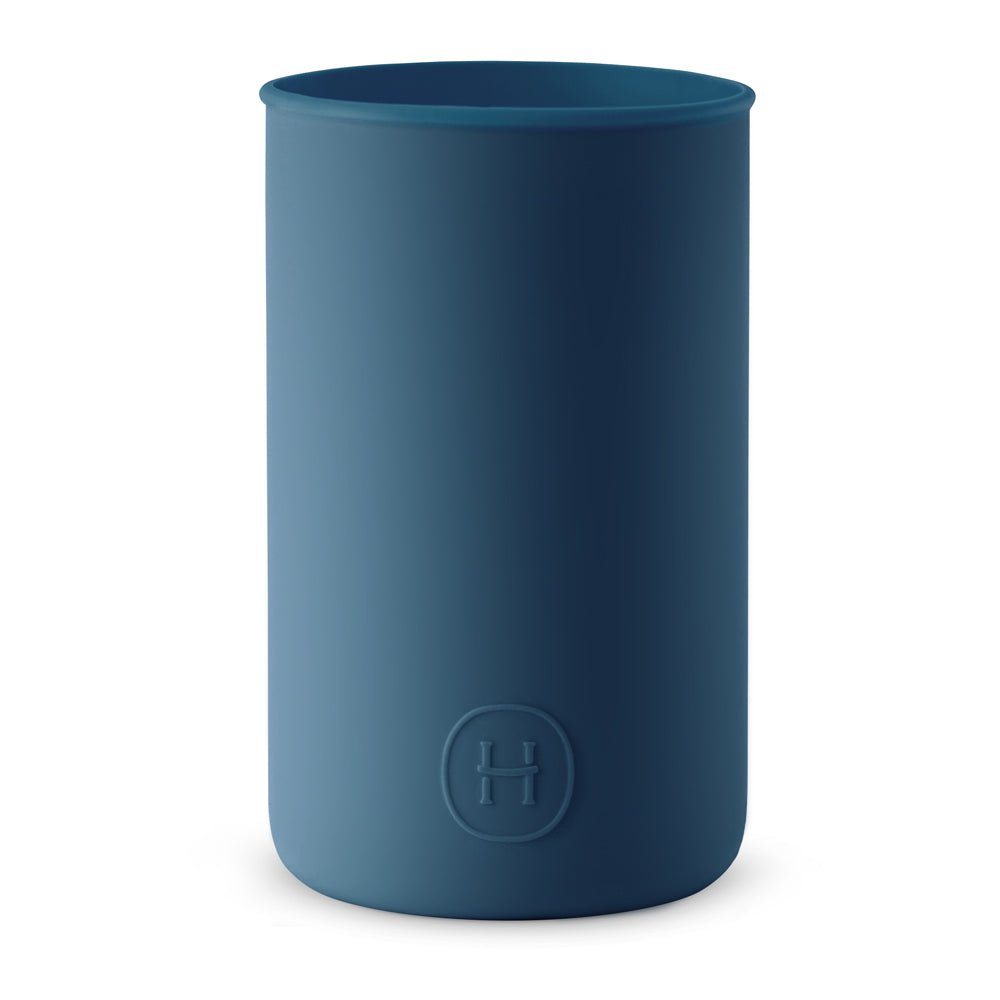 Navy blue silicone sleeve for 20 fl oz bottles, designed by HYDY, shown fitted over a beverage container in the image.