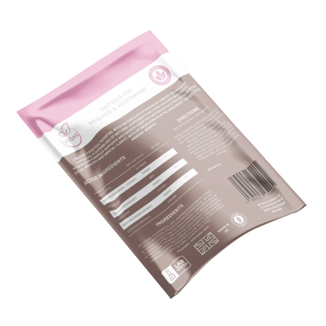 Reform and Revive Mane Focus+ vitamins bottle for cognitive support and mental clarity, displayed with colorful packaging.