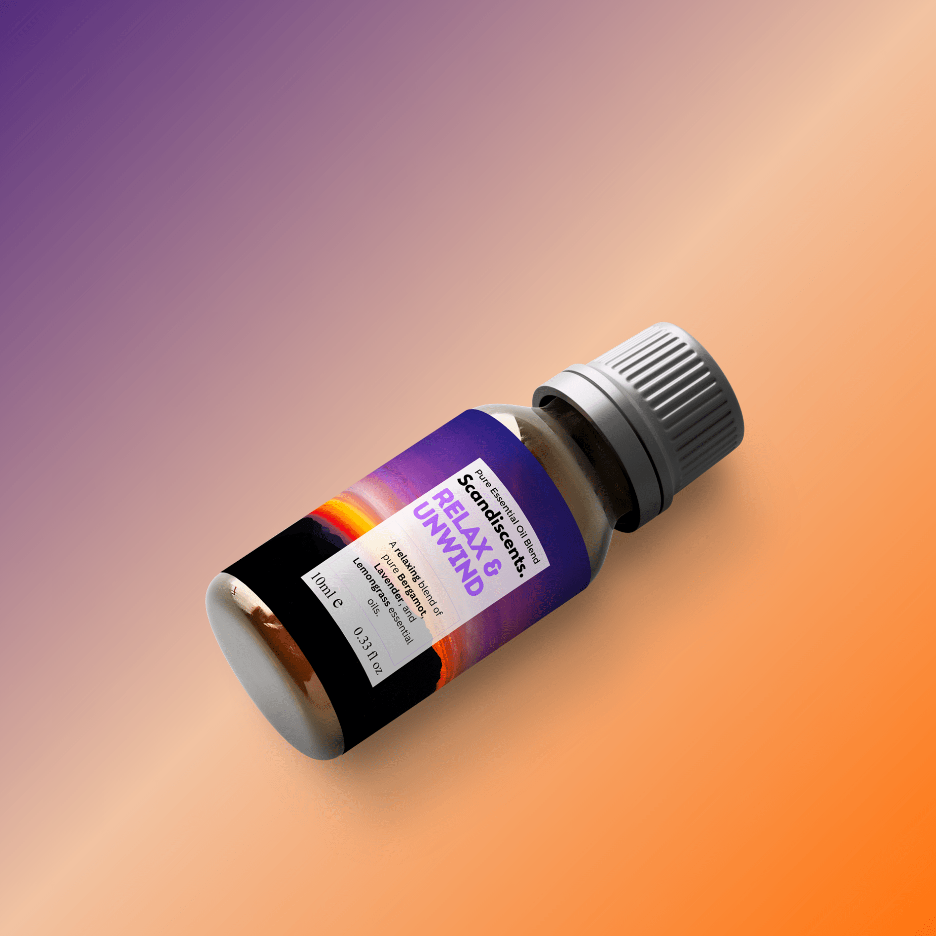 Scandiscents Relax & Unwind essential oil blend in a glass bottle with a dropper, featuring calming herbal and floral aromas.