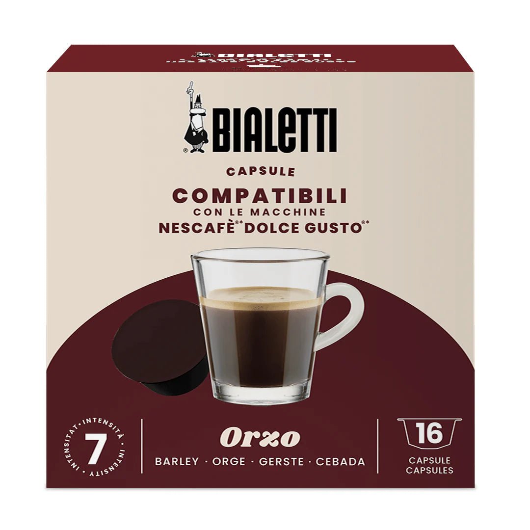 Bialetti Brew Italia Dolce Gusto compatible capsules for coffee brewing, shown in a row with colorful packaging.