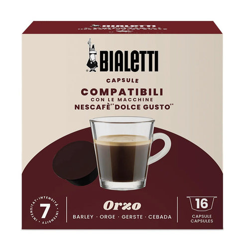 Bialetti Brew Italia Dolce Gusto compatible capsules for coffee brewing, shown in a row with colorful packaging.