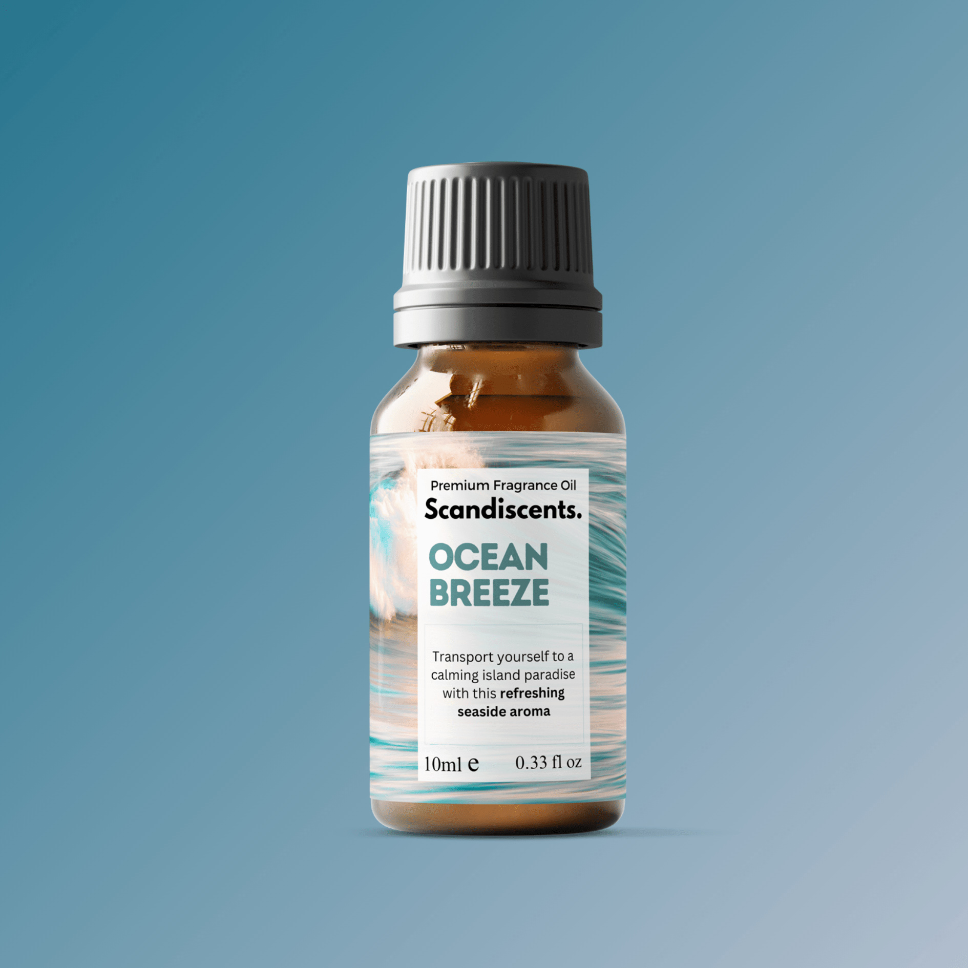 Scandiscents Ocean Breeze fragrance oil bottle with blue label, showcasing the aromatic oil for home scenting.