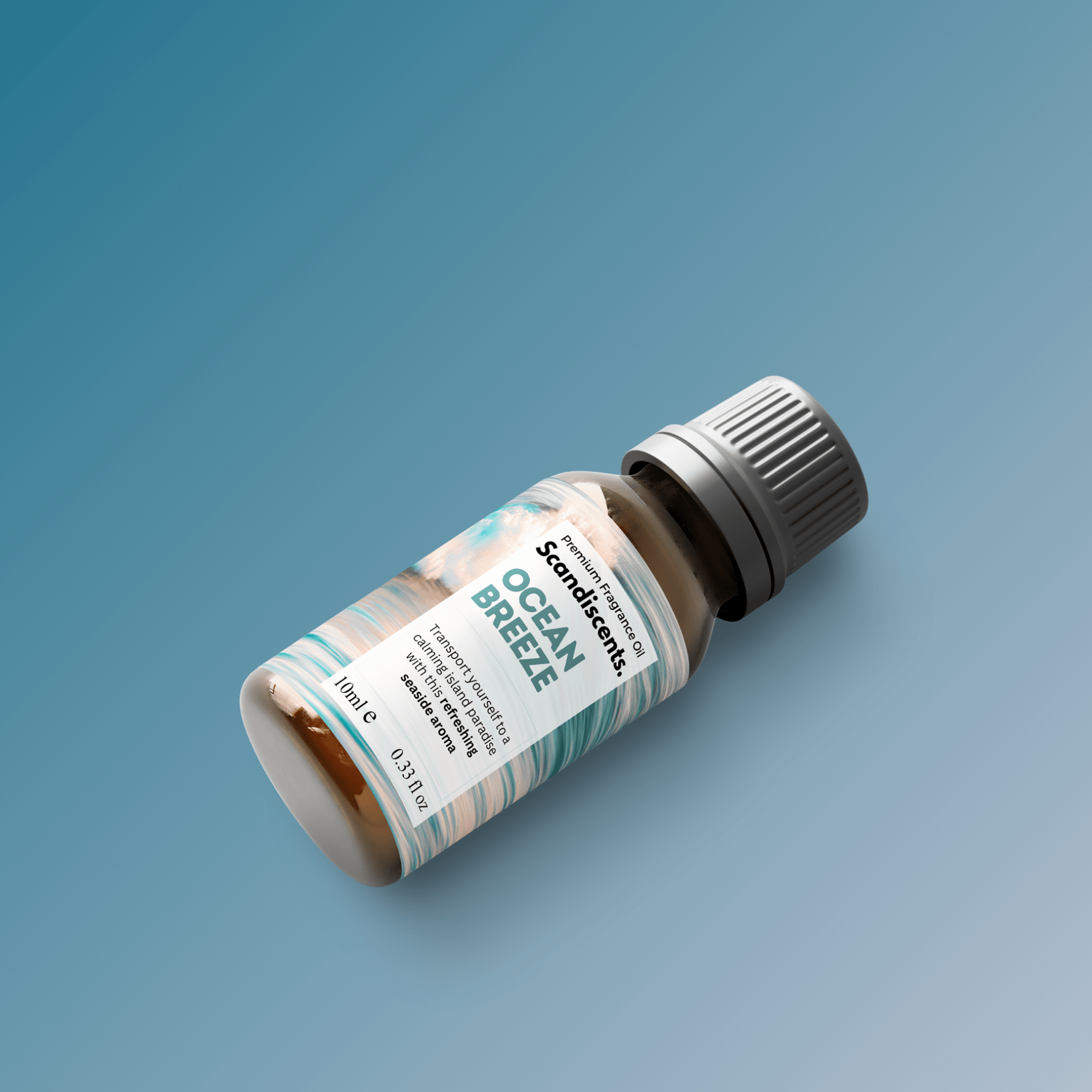 Scandiscents Ocean Breeze fragrance oil bottle with a clear label and blue liquid, displayed on a neutral background.