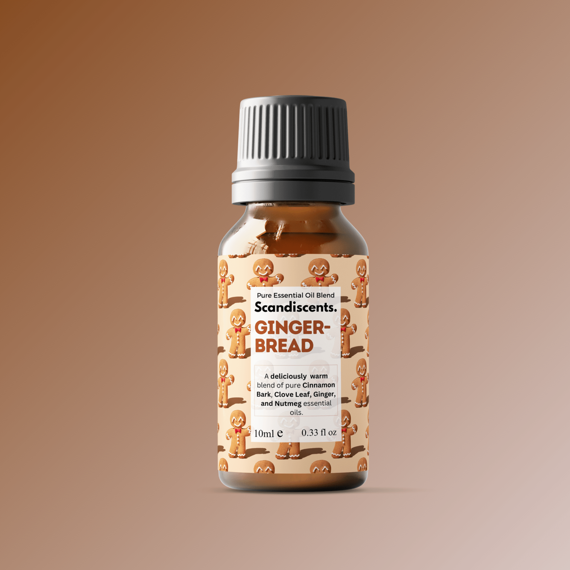 Scandiscents Gingerbread essential oil blend in a small amber glass bottle with a white cap, labeled with product details.