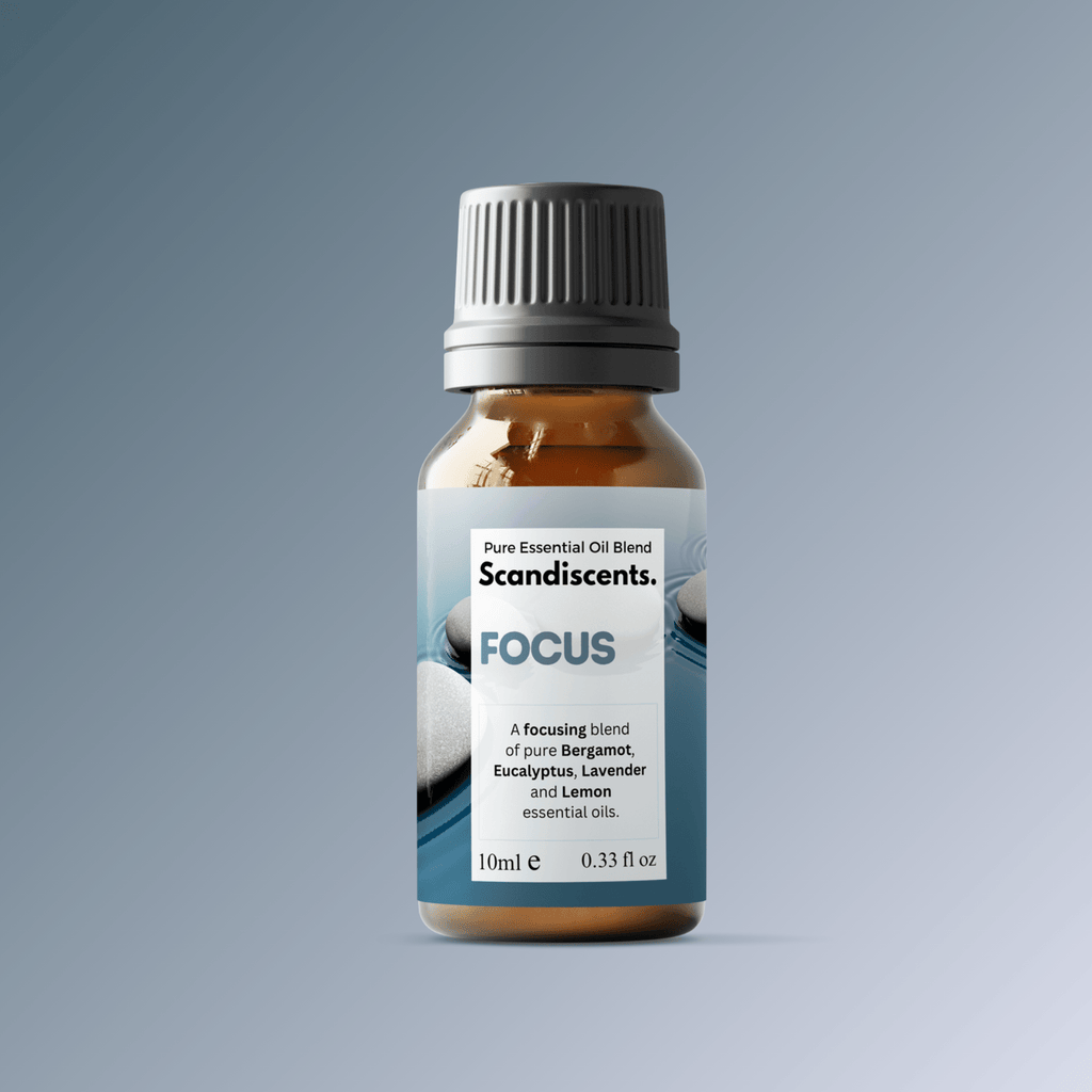 Scandiscents Focus essential oil blend in a glass bottle with dropper, featuring a calming, aromatic composition for concentration.