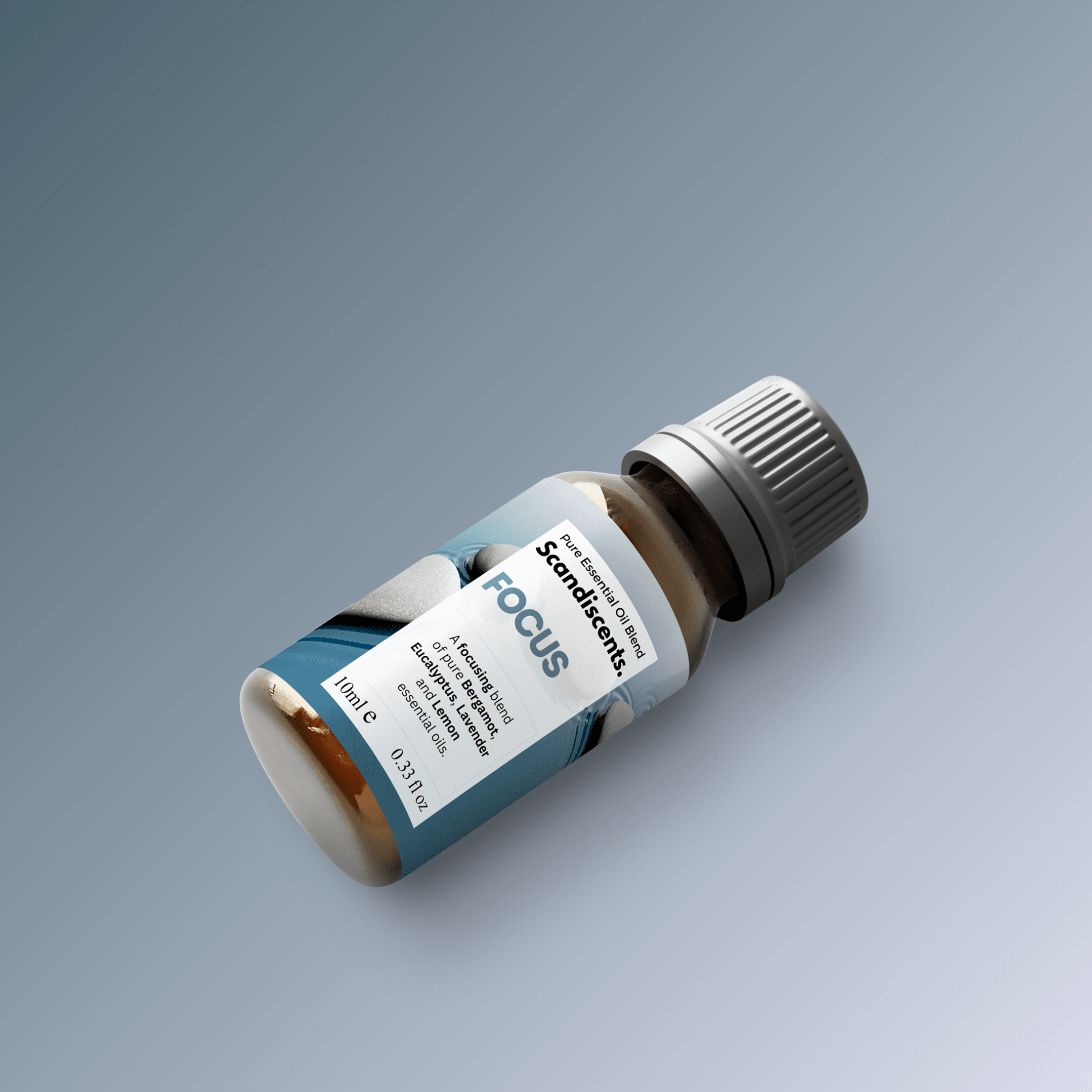 Scandiscents Focus essential oil blend in a clear glass bottle with dropper, featuring a colorful label and surrounded by natural ingredients.