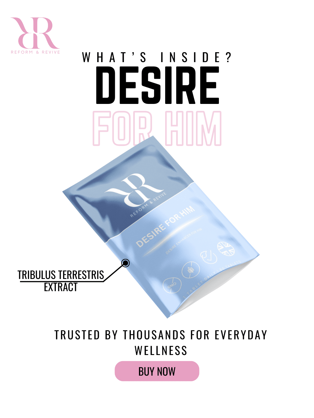Reform and Revive Desire for Him vitamins bottle with label, dietary supplement for men's wellness and vitality.