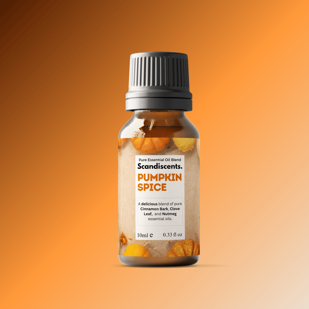 Scandiscents Pumpkin Spice essential oil blend in a dark amber bottle with a white label and orange accents.