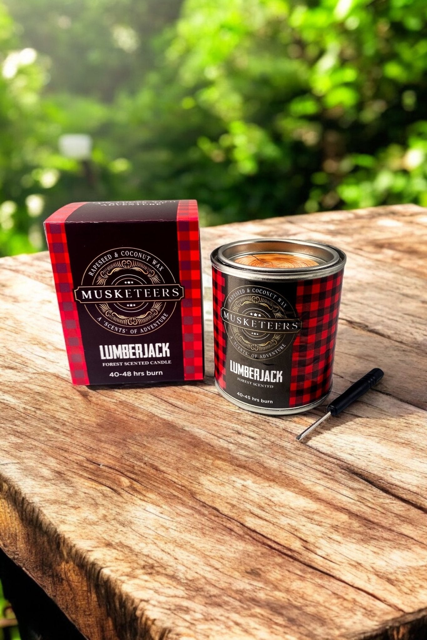 Musketeers Lumberjack Pine Candle from UK, forest-inspired masculine man cave candle with pine scent and rustic design.