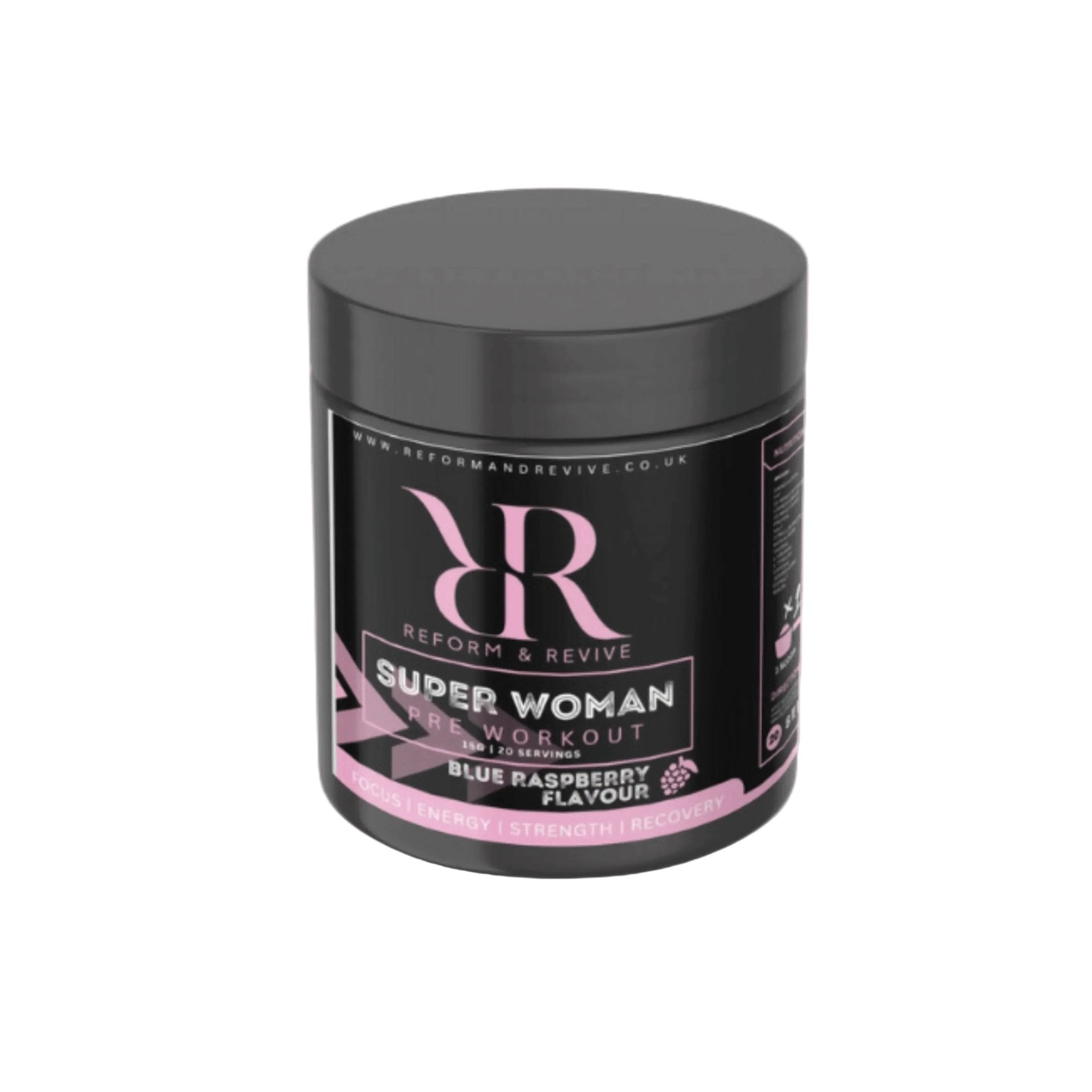 SuperWoman Energy+ women's performance support supplement from Reform and Revive, featuring the product packaging and label.