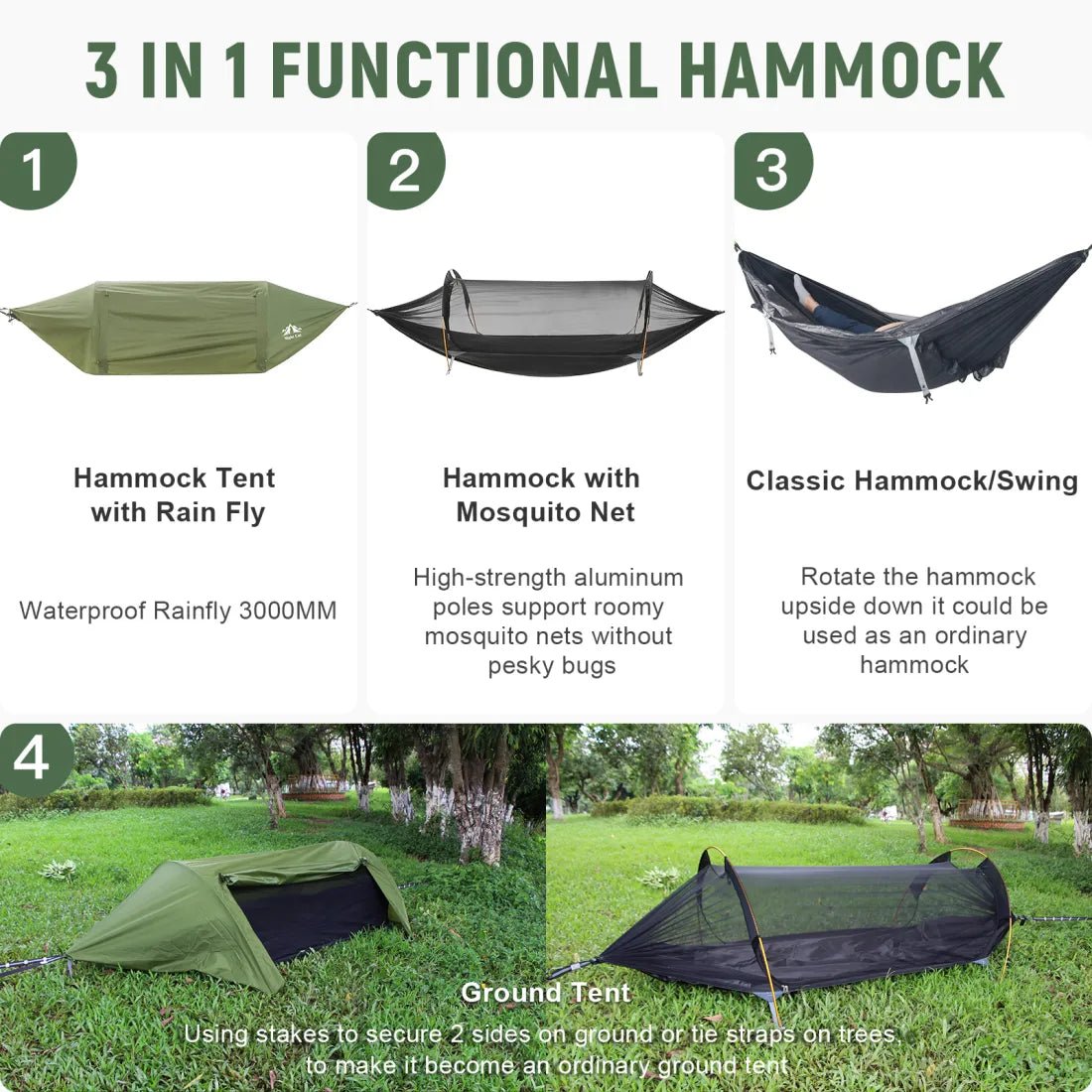HikeWare Night Cat Hammock Tent hanging between trees, showcasing its lightweight, cozy design for outdoor camping and relaxation.