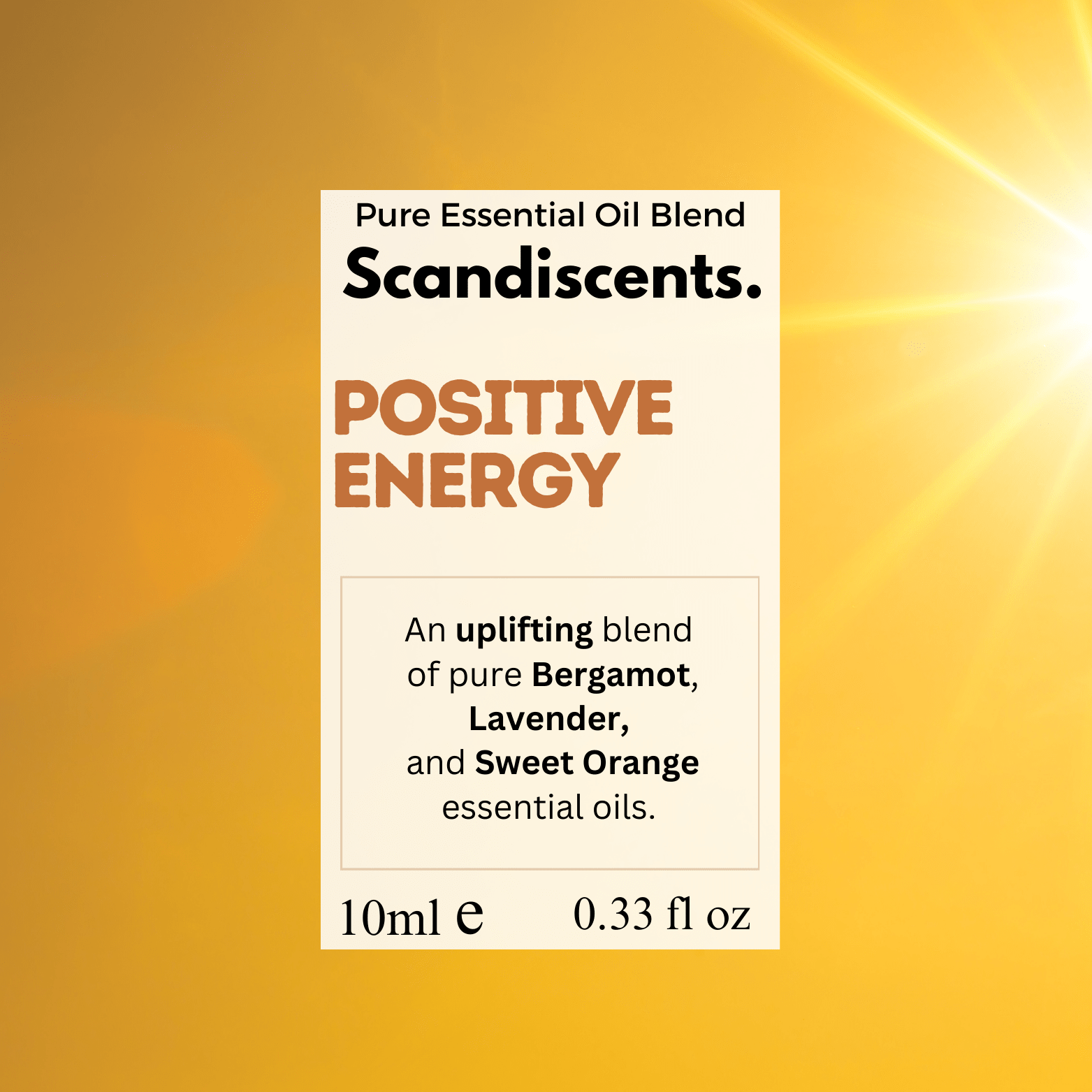 Scandiscents Positive Energy essential oil blend in a dark glass bottle with a white label and dropper cap.