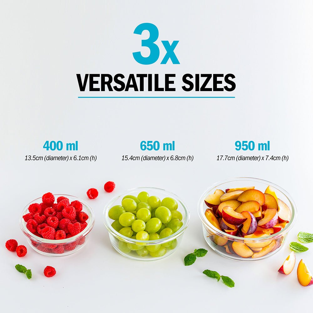 Set of three Igluu Meal Prep glass stackable round containers in 950ml, 650ml, and 400ml for food storage and organization.