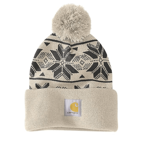 Womens Carhartt knit pom pom jacquard beanie in warm, patterned wool with a fluffy pom pom on top.