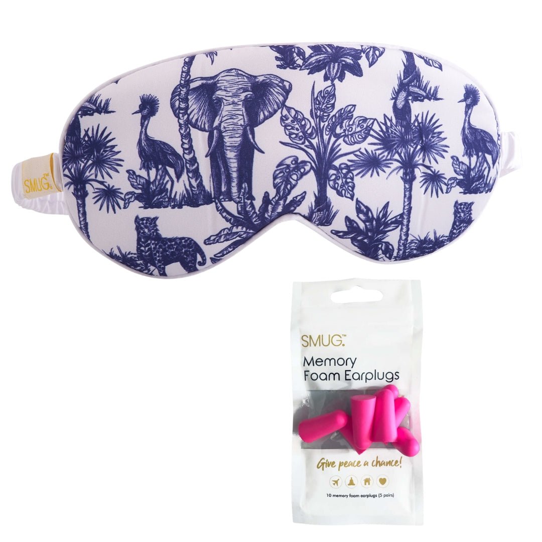 SMUG satin sleep mask with elephant print, soft and smooth fabric for comfortable resting and blocking light.