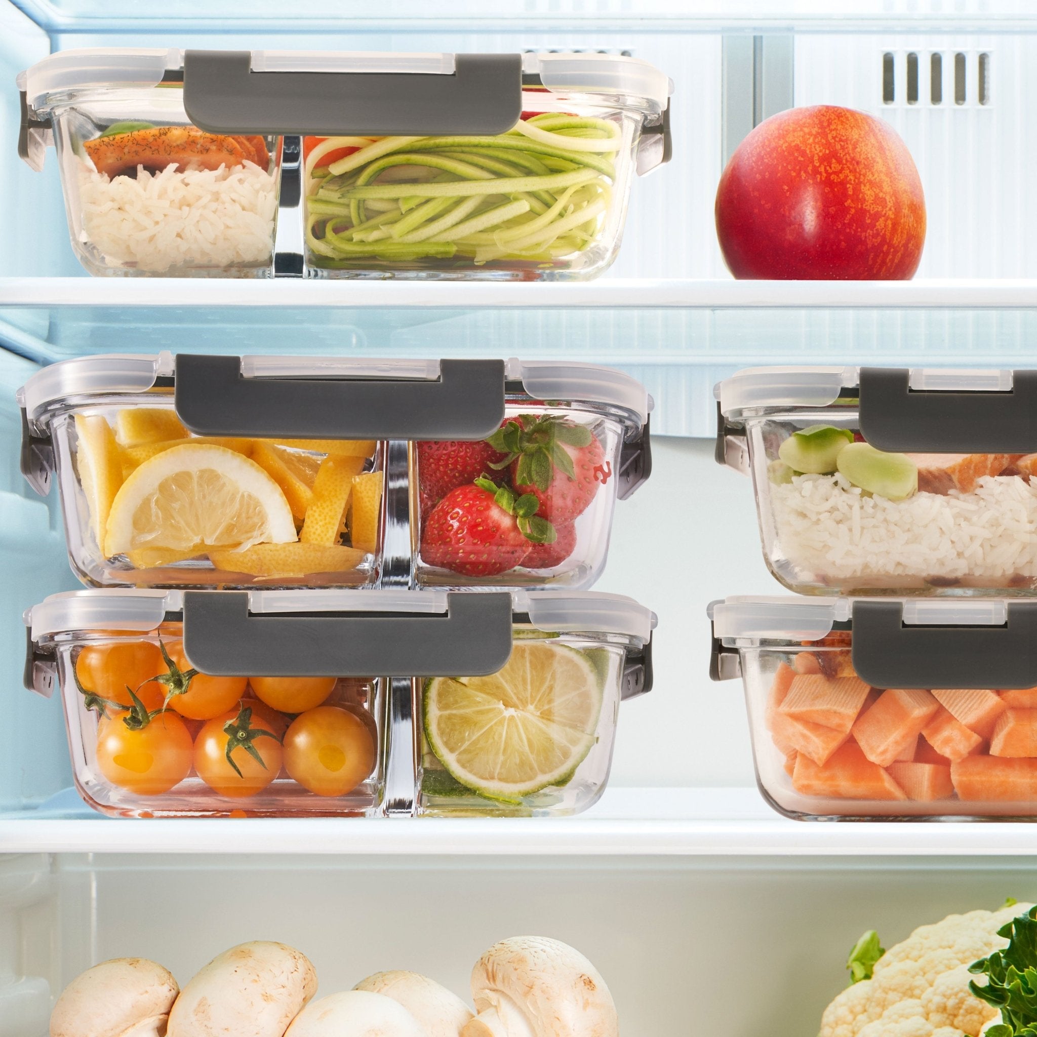 Set of three Igluu Meal Prep glass containers with two compartments and airtight lids, each holding 980ml for meal storage.