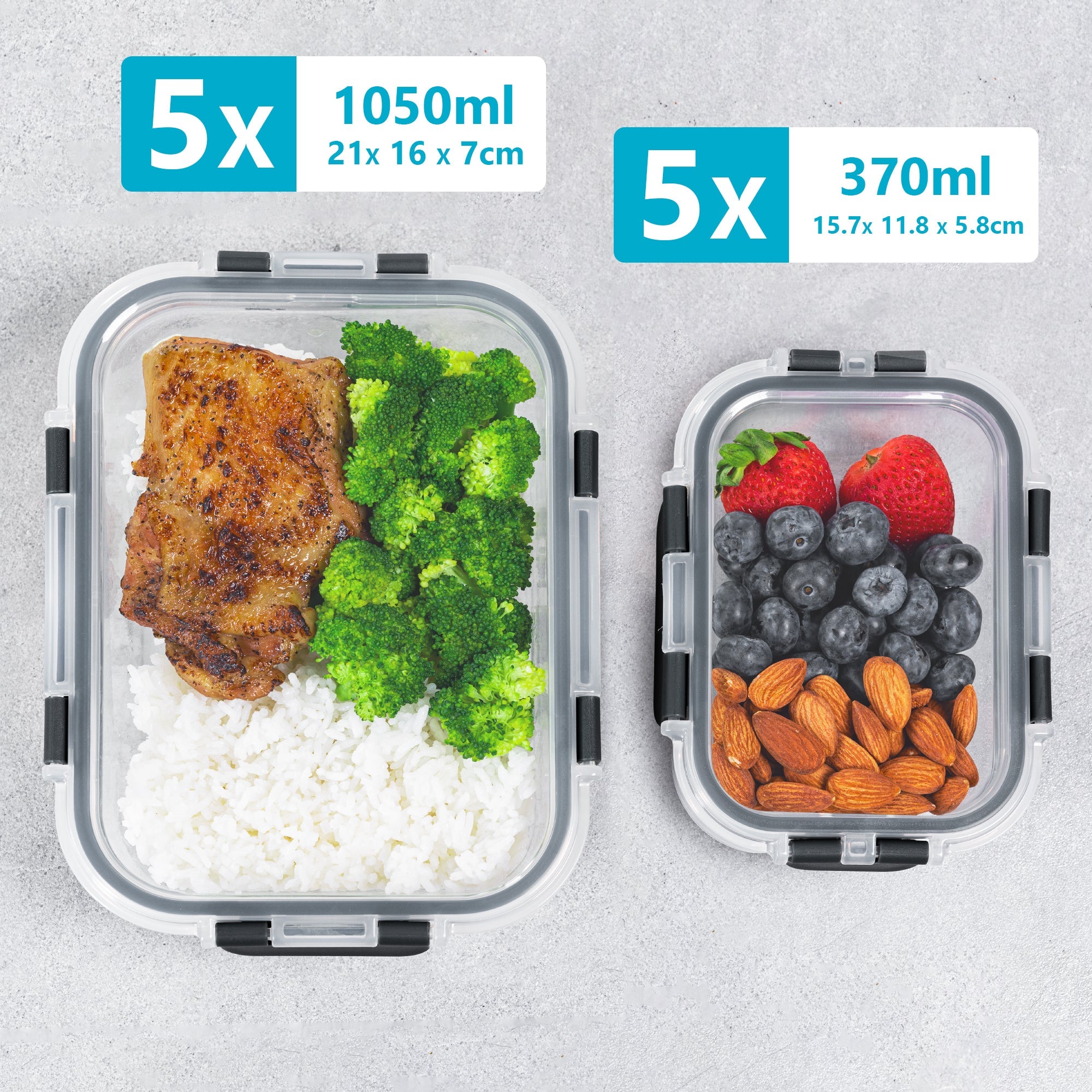 Set of Igluu Meal Prep glass food storage containers in 1050ml and 370ml sizes, 10-pack, with clear lids, suitable for meal prep.