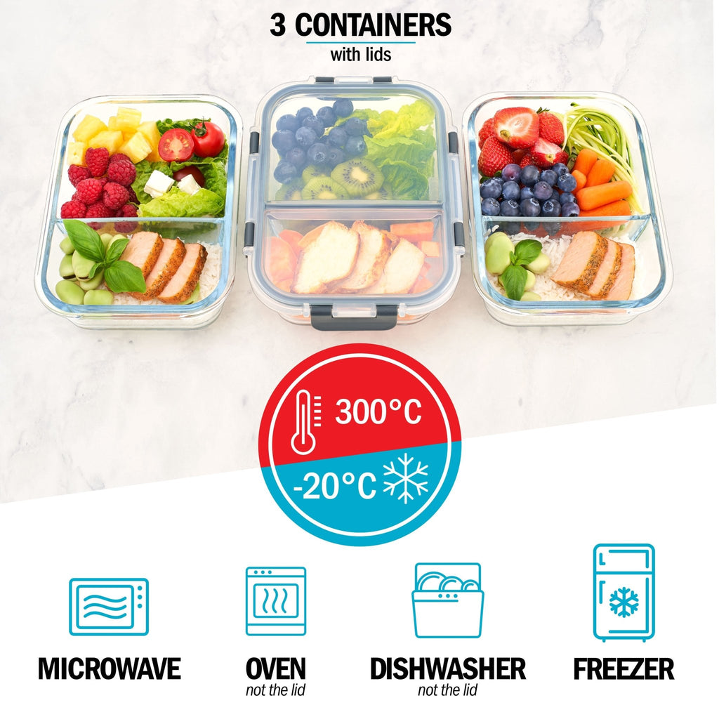 Set of three Igluu Meal Prep 2-compartment glass containers with airtight lids, each holding 980ml for meal storage.