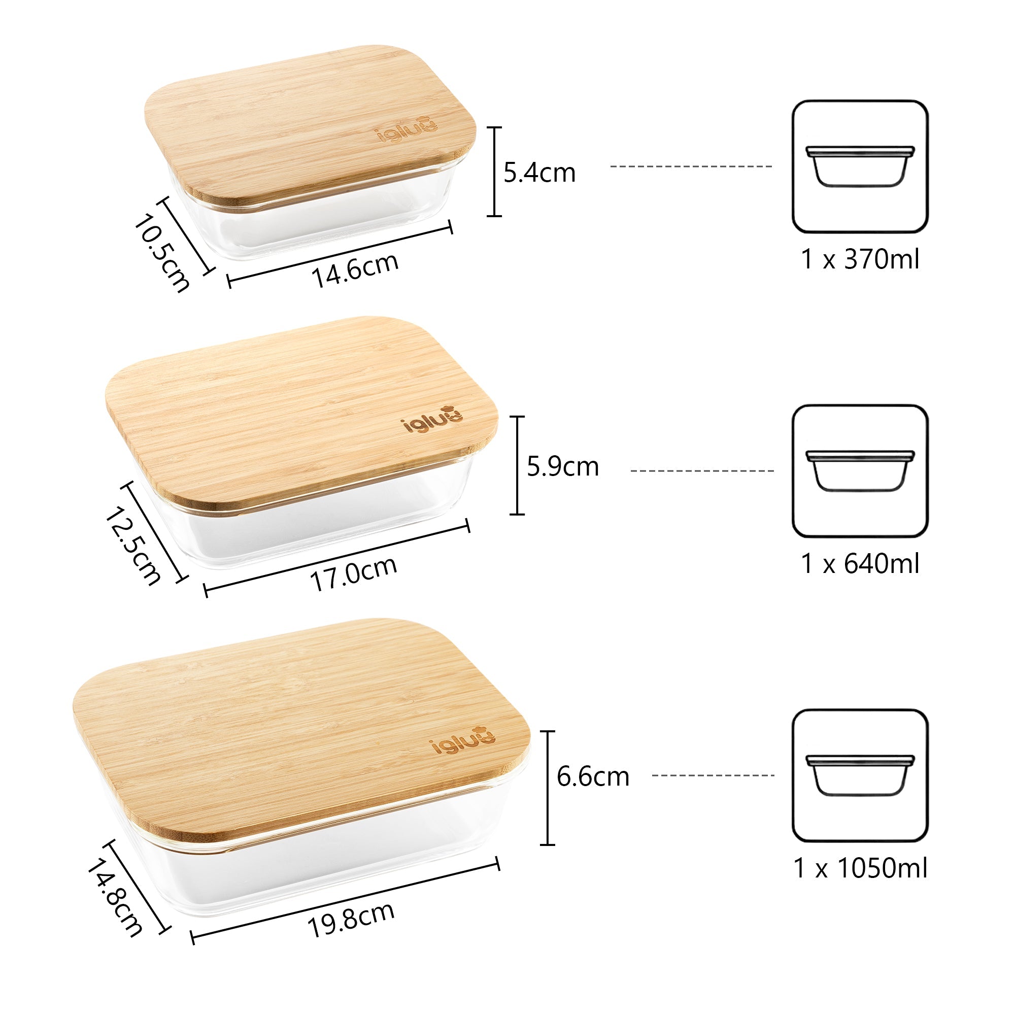Set of three Igluu Meal Prep glass containers with bamboo lids in assorted sizes, ideal for food storage and meal prep.