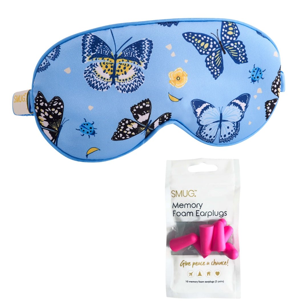 SMUG satin sleep mask with butterfly print, soft and comfortable for restful sleep, featuring a smooth satin fabric and decorative design.