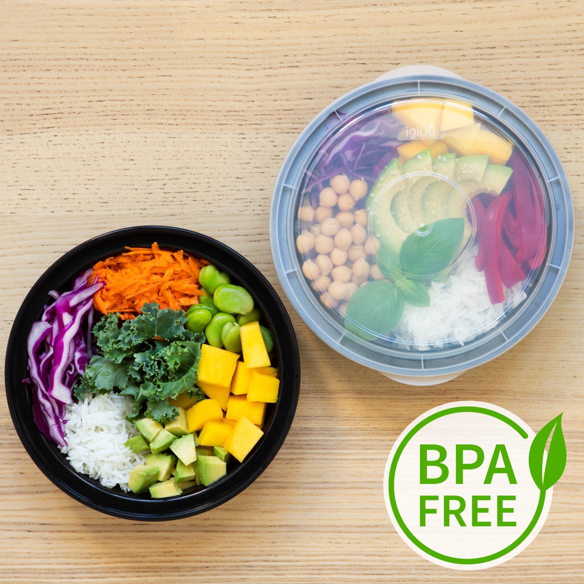 Set of two Igluu Meal Prep round reusable containers with airtight lids, 828ml capacity, ideal for meal storage and prep.