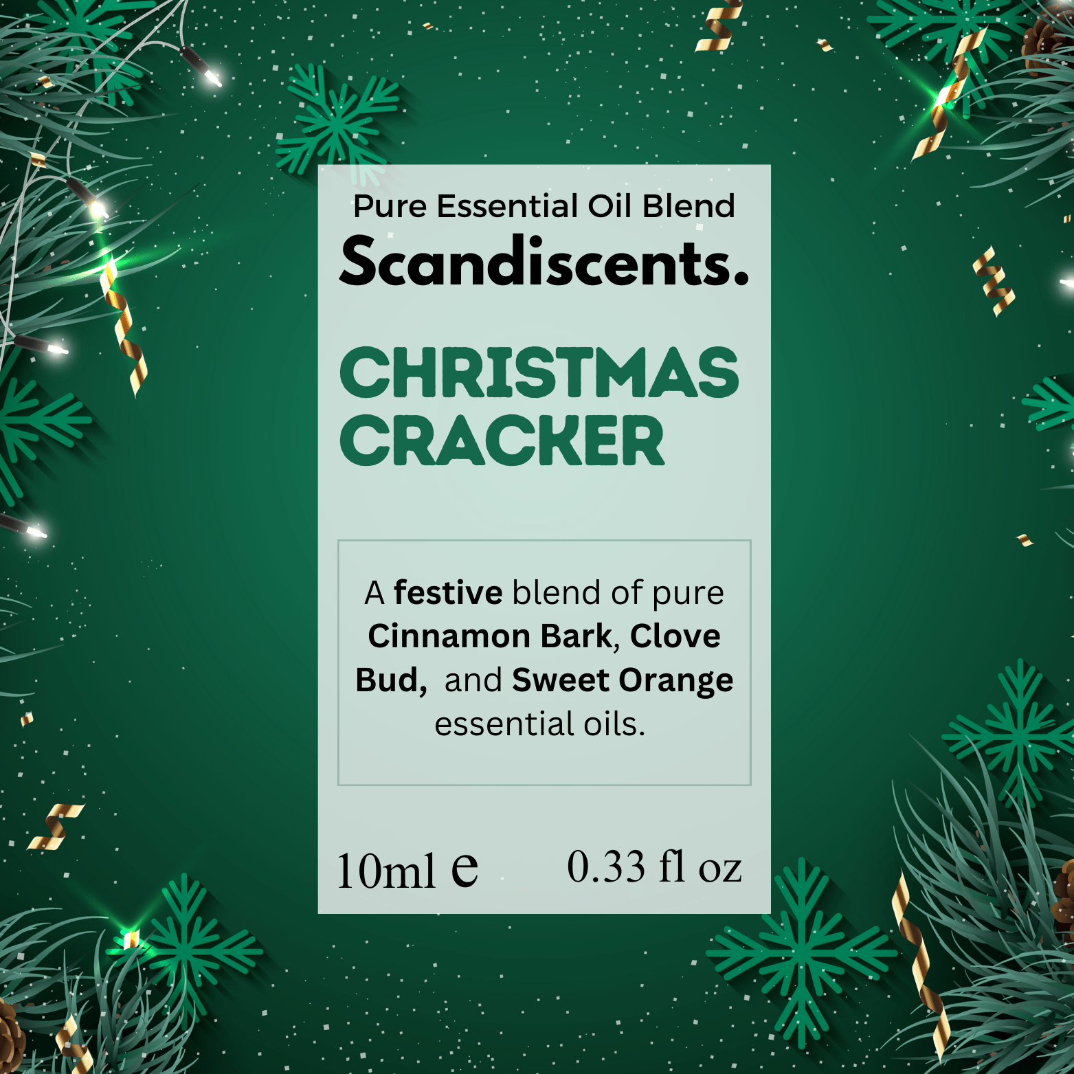 Two Christmas crackers featuring Scandiscents Essential Oil Blend labels, decorated with festive red and gold accents.
