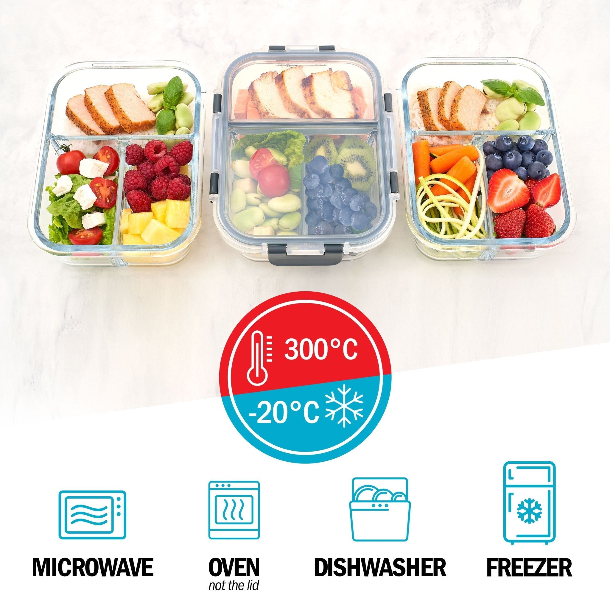 Set of three Igluu Meal Prep glass containers with airtight lids, 980ml capacity, ideal for storing and organizing meals.