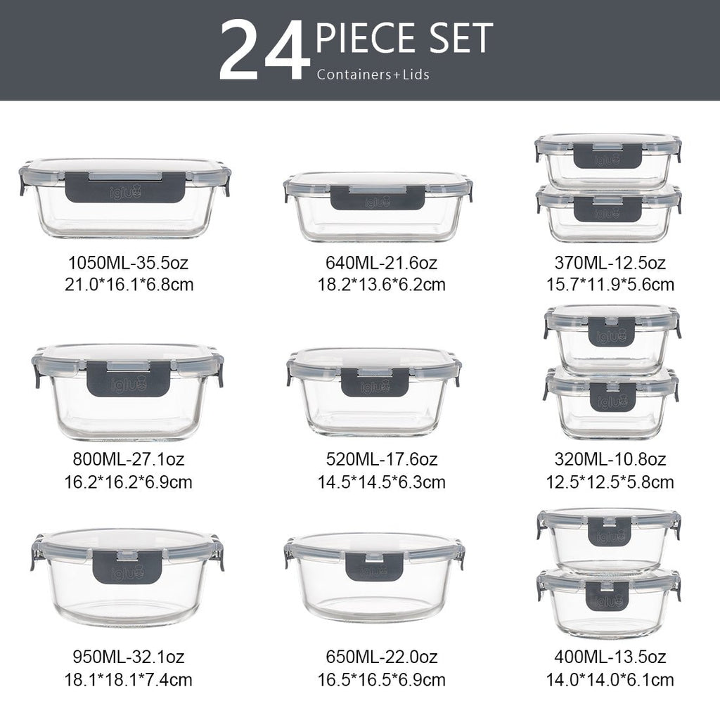 Set of Igluu Meal Prep glass food storage containers with airtight lids in assorted sizes, ideal for meal prep and food storage.