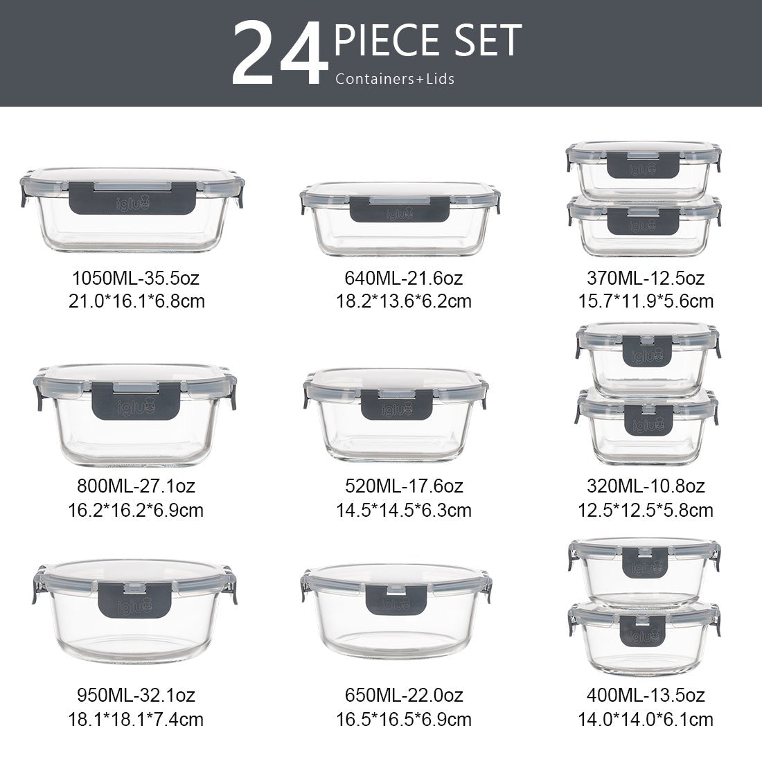 Set of Igluu Meal Prep glass food storage containers with airtight lids in assorted sizes, ideal for meal prep and food storage.