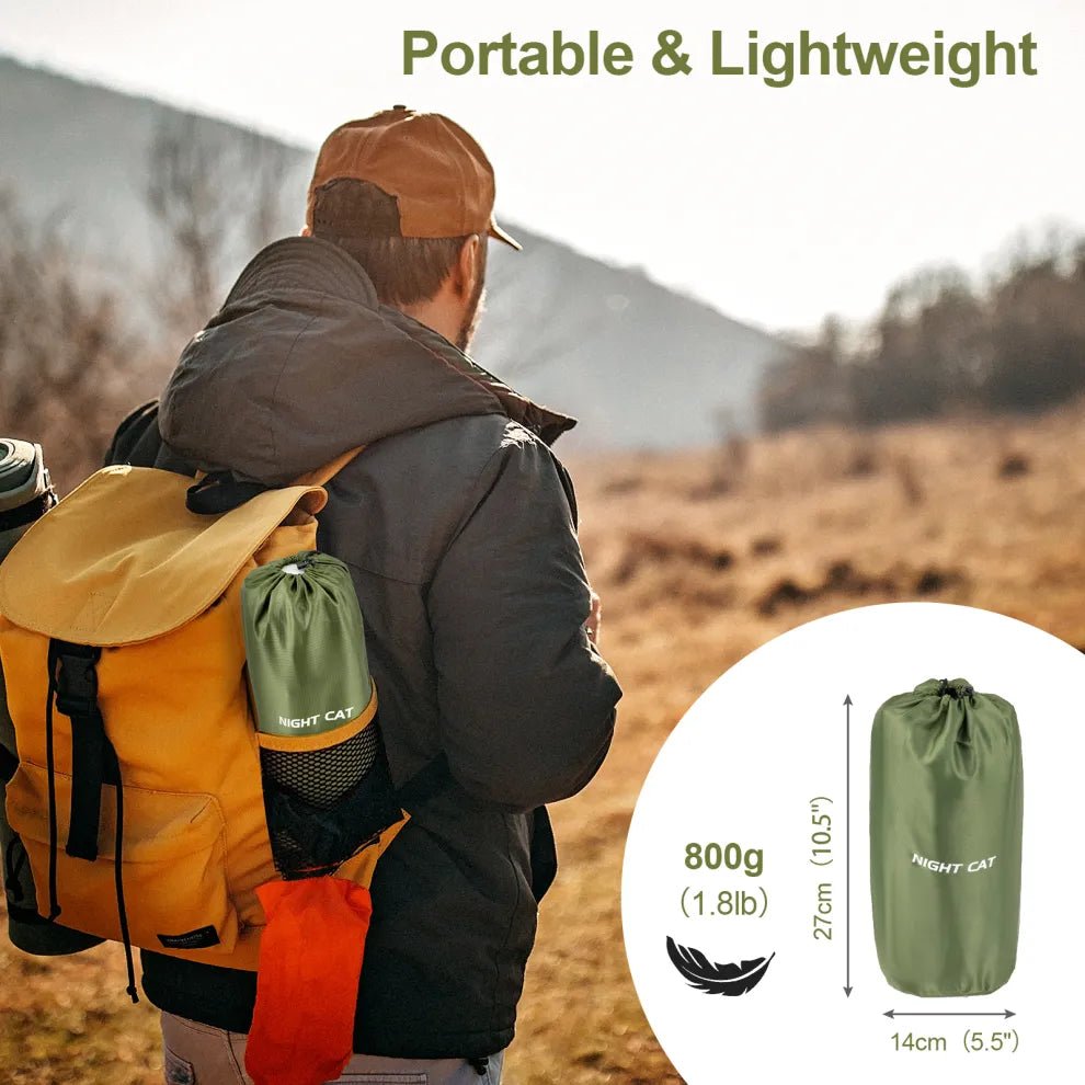 HikeWare Night Cat inflatable sleeping pad with pillow, compact air sleeping mat for camping and outdoor sleep comfort.