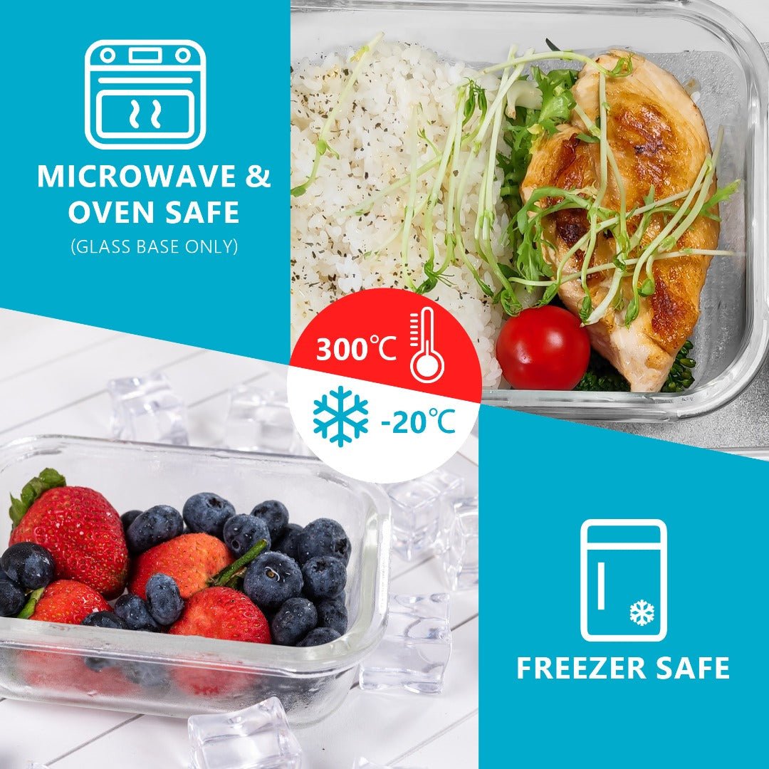 Set of Igluu Meal Prep glass food storage containers in two sizes, 1050ml and 370ml, stacked with lids in a 10-pack.