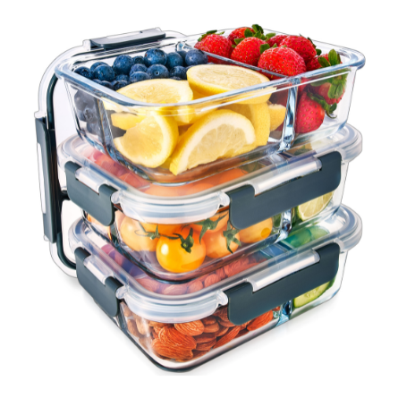 Set of three Igluu Meal Prep glass containers with airtight lids, 980ml capacity each, ideal for meal storage and organization.