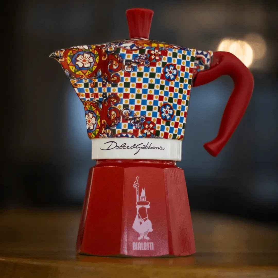 Bialetti Sicilian Cart Moka Express coffee maker with Dolce&Gabbana design, featuring a 3-cup stainless steel moka pot.