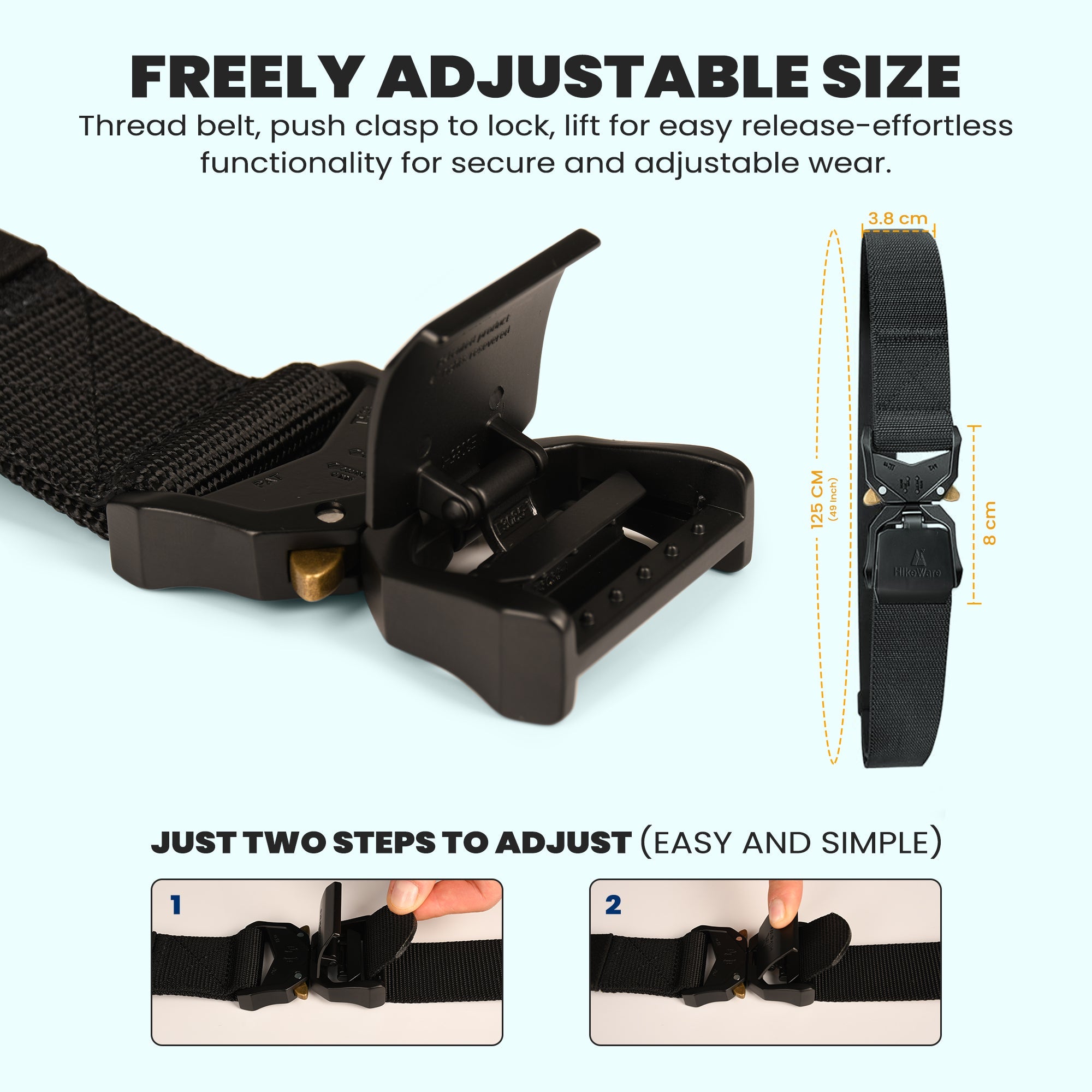 HikeWare tactical nylon hiking belt with adjustable strap and metal buckle, suitable for outdoor adventure and hiking activities.