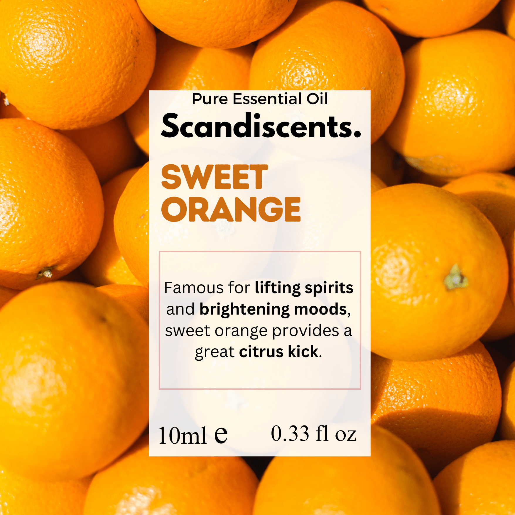 Scandiscents essential oil bottle labeled Sweet Orange, with vibrant orange slices and natural citrus aroma display.