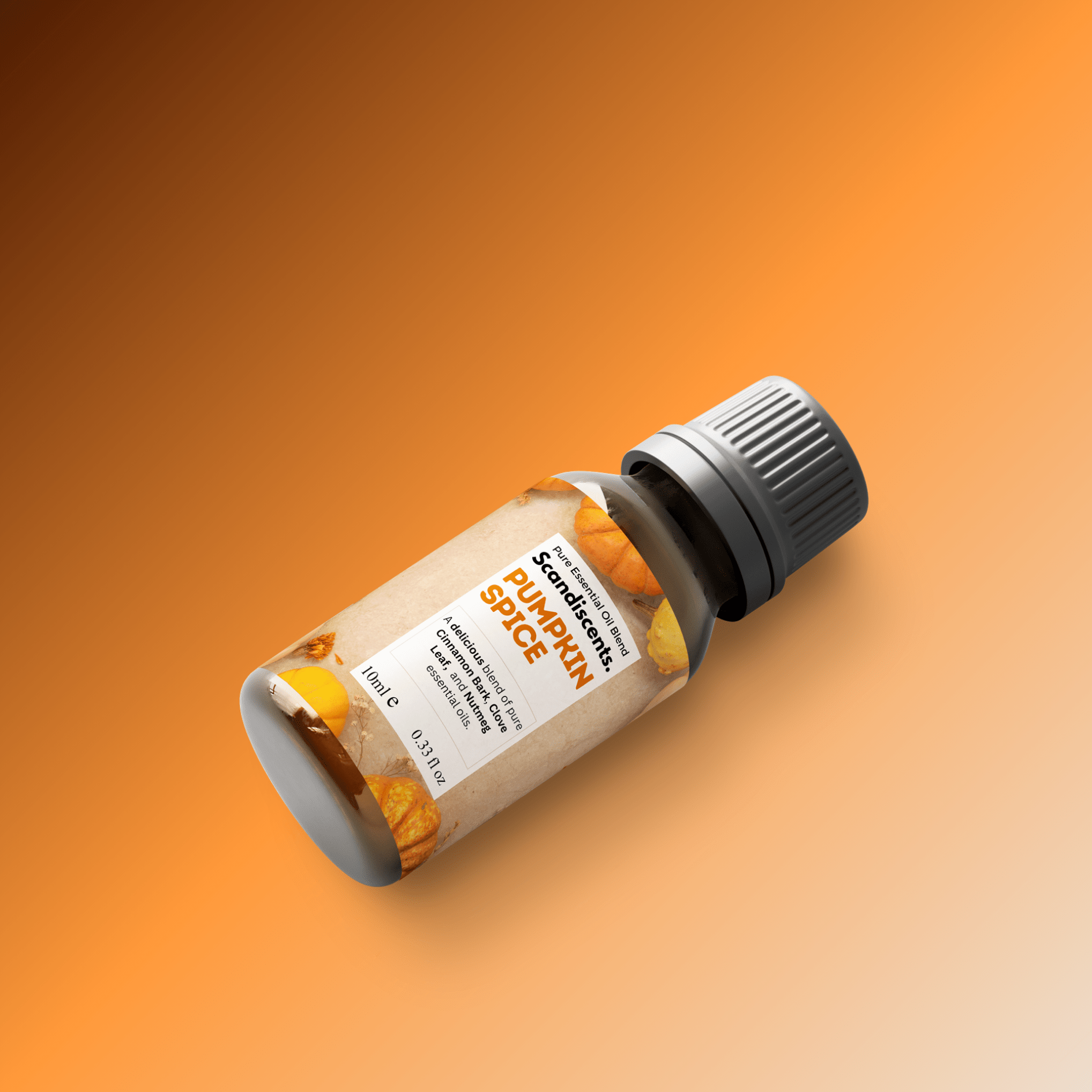 Scandiscents Pumpkin Spice essential oil blend bottle with a label, featuring warm autumnal colors and a natural aroma profile.
