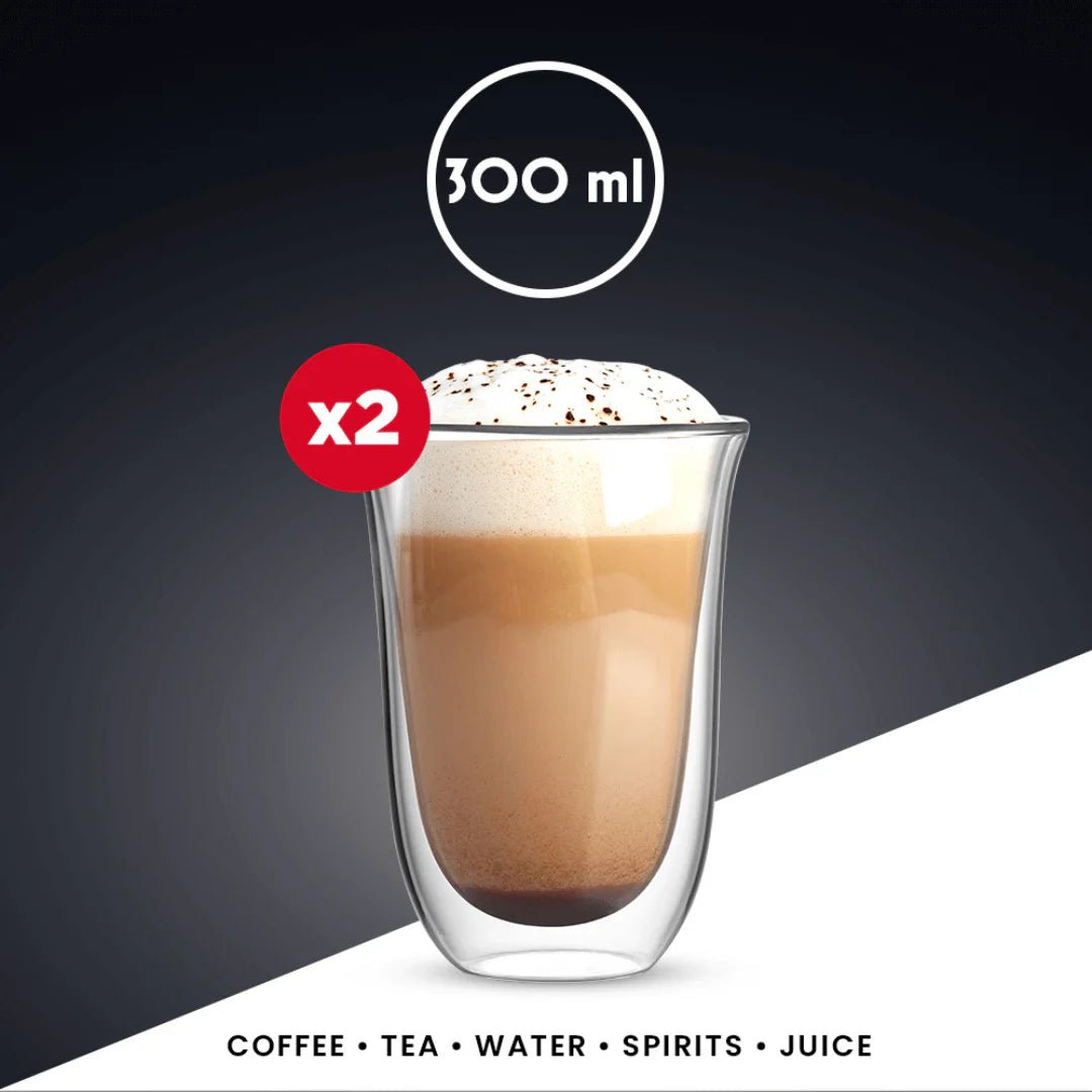 Set of two Brew Italia Firenze double-walled glass tumblers, 300ml latte glasses with clear, insulated design for hot or cold drinks.